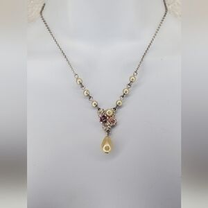 💚5/$25 Vintage 80s Avon Faux Pearl Drop Necklace Pink & Purple Rhinestones